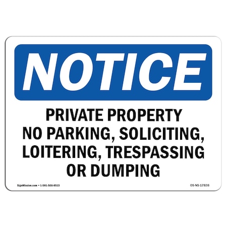 OSHA Notice Sign, Private Property No Parking Soliciting, 5in X 3.5in Decal